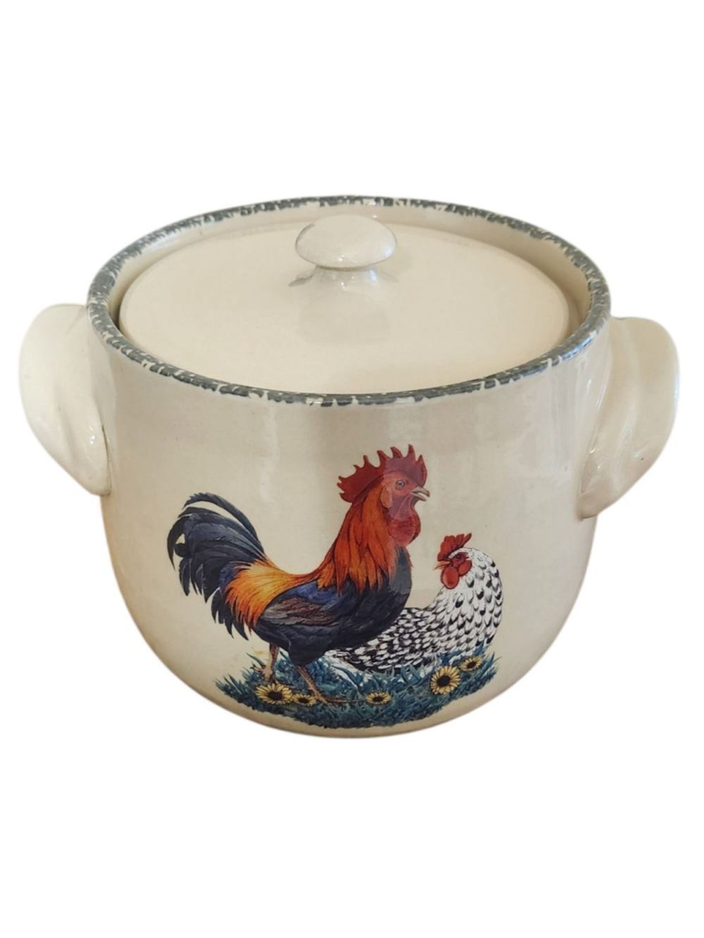 Home & Garden Party Stoneware Rooster Hen Chicken Bean Soup Crock W/Lid